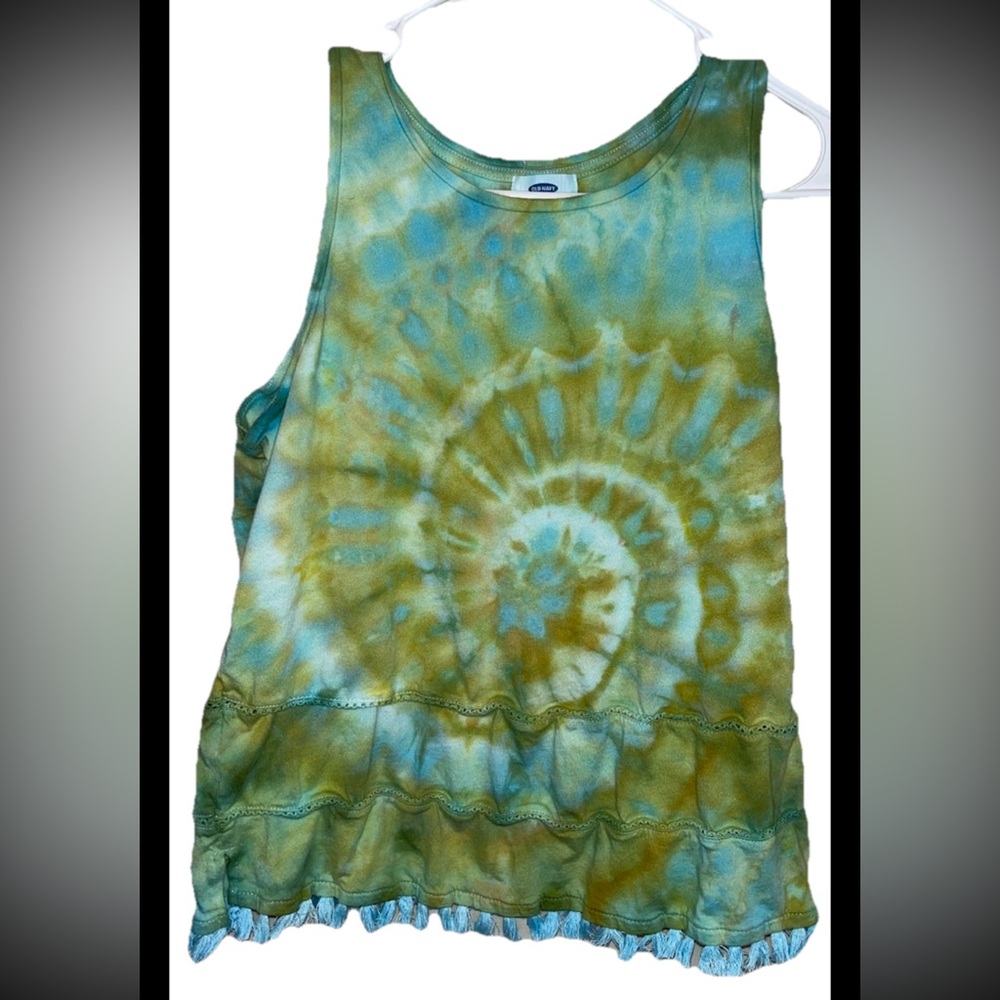 Custom Made Ice Dye Tie-Dye Woman’s Sleeveless Tank Top Size M Green/Tan/Blue